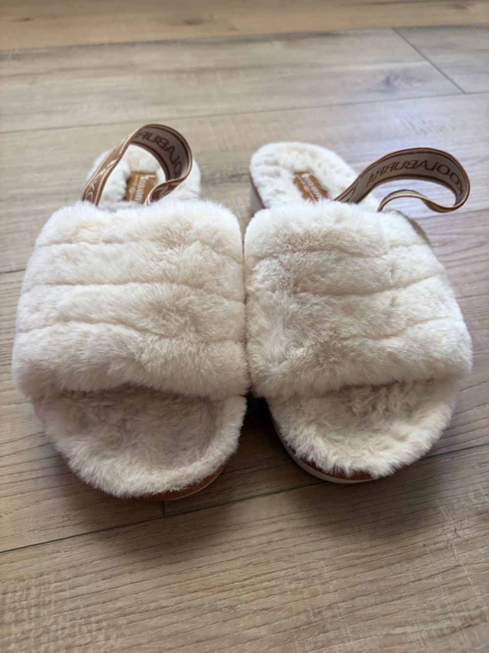 Koolaburra Cream Plush Slide Sandals with Branded Tan Elastic Strap